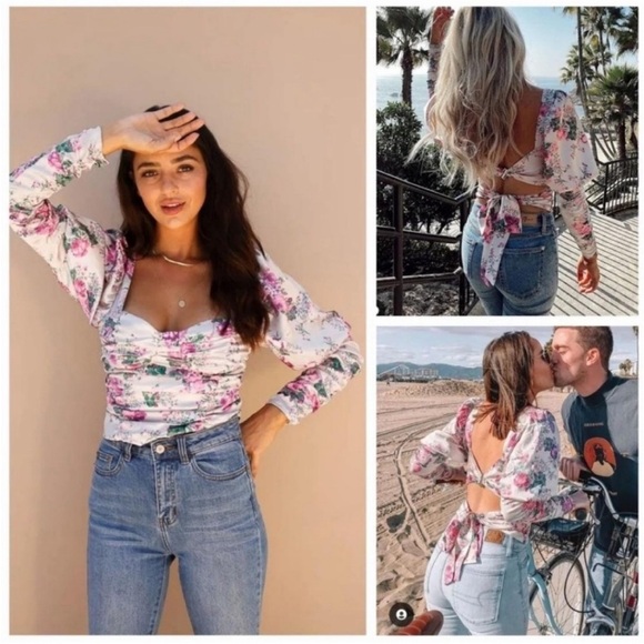 For Love And Lemons Palais Floral Crop Top in Gris Size XS - Picture 10 of 15